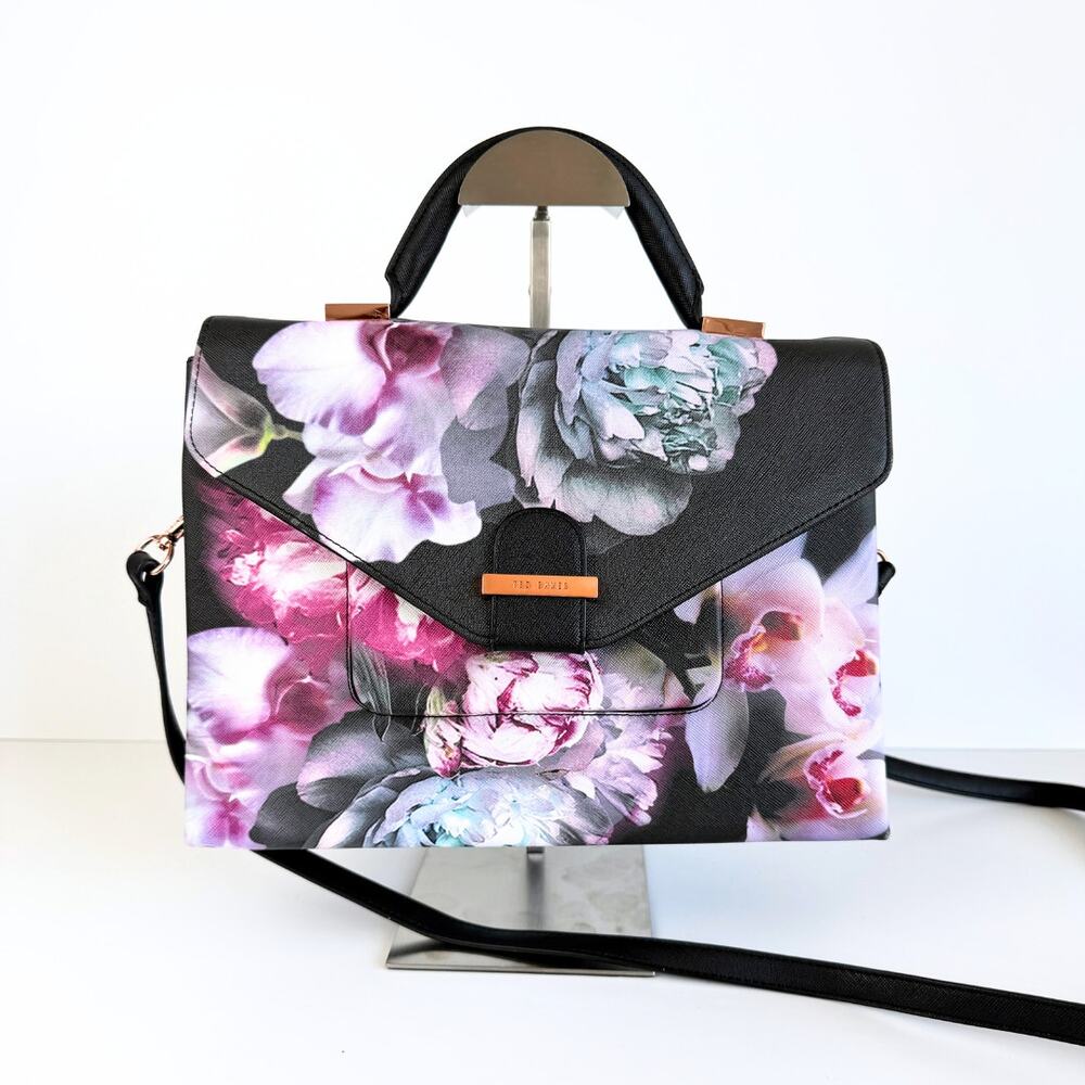 Ted Baker Opulent Bloom Satchel Crossbody Bag Black Floral Rose Gold Hardware